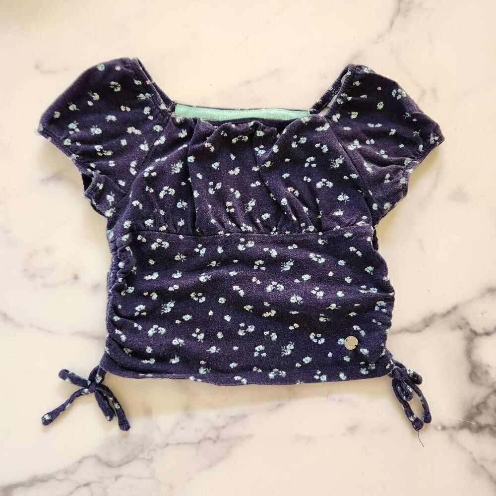 Justice xs girls blue cotton cottage crop top ruched sides short sleeve y2k